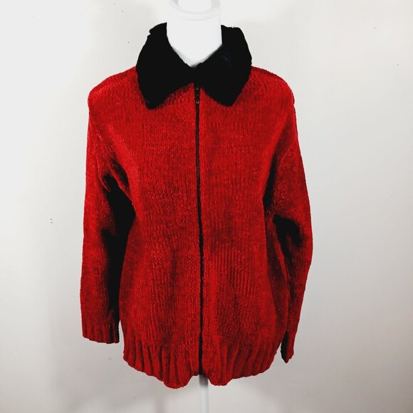 Kelly Scott, Red Zip Front Cardigan W/ Black Faux Fur Collar Size Medium Festive - Picture 3 of 16
